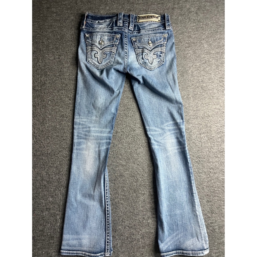 Rock Revival Greer Bootcut Jeans Women 26 Medium Wash Rhinestone Fleur De Lis - Picture 3 of 16